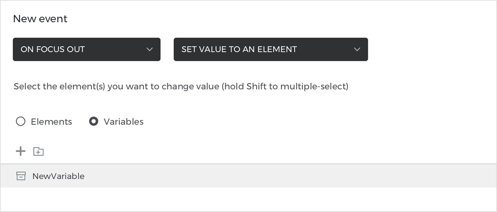 Variable selected in events dialog