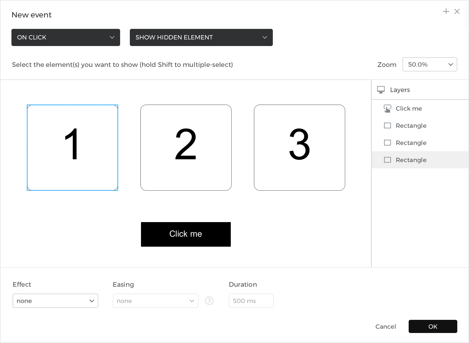 Create an On Click + Show event, showing the first rectangle with a fade effect