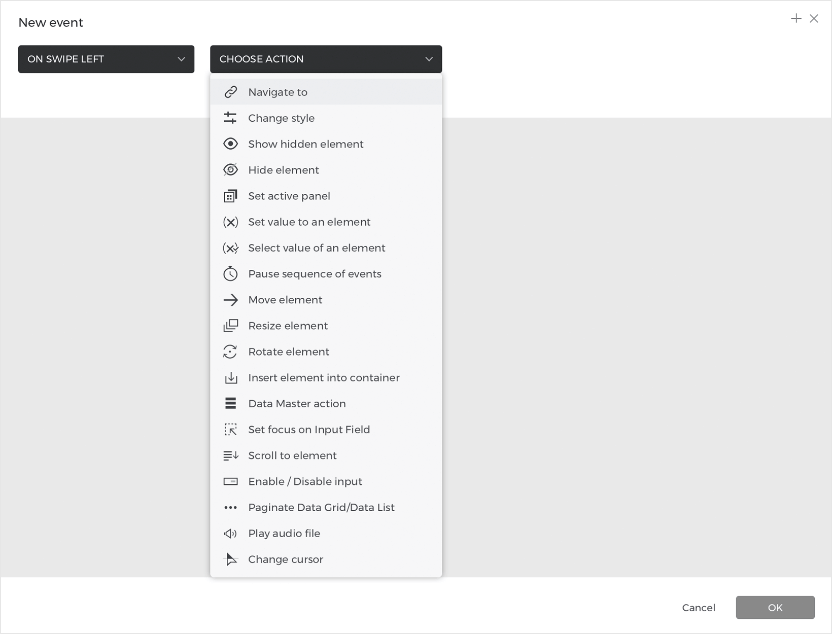 Choose a navigate to action from the actions dropdown