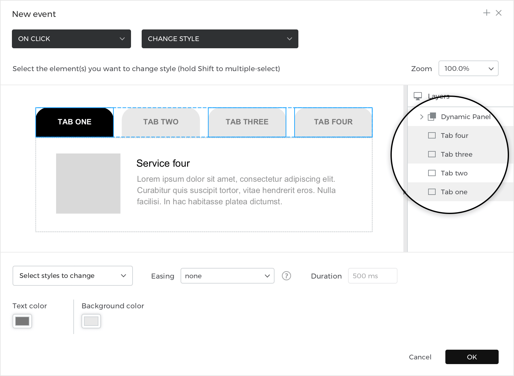 Select panels one, three, and four to change style. Deselect tab two.