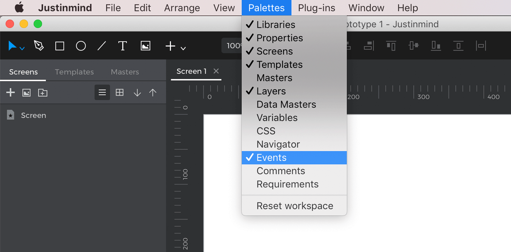 You can check the events palette to be shown in the Window menu