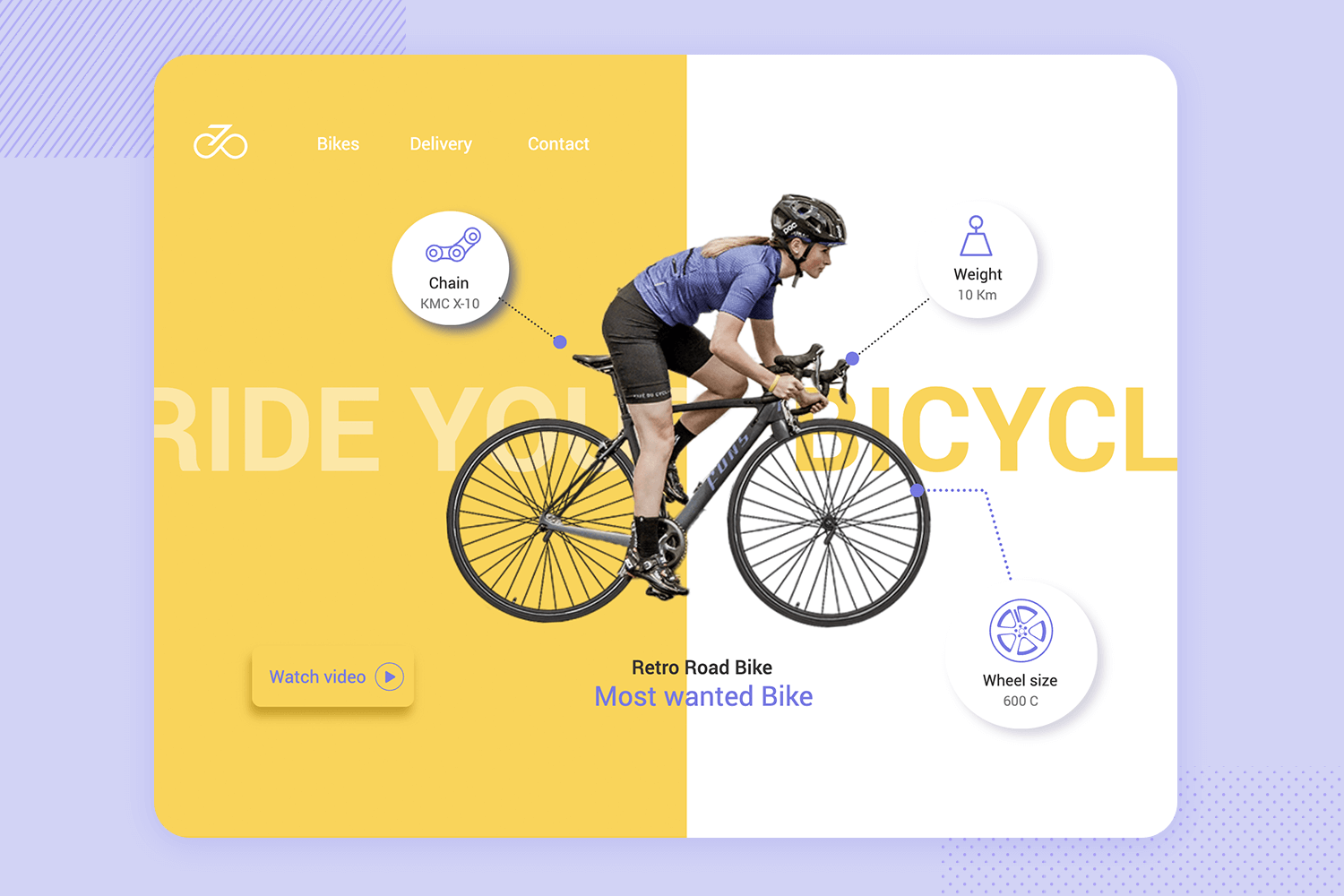 Bike store app mockup showcasing a detailed bike profile with chain type, weight, and wheel size.