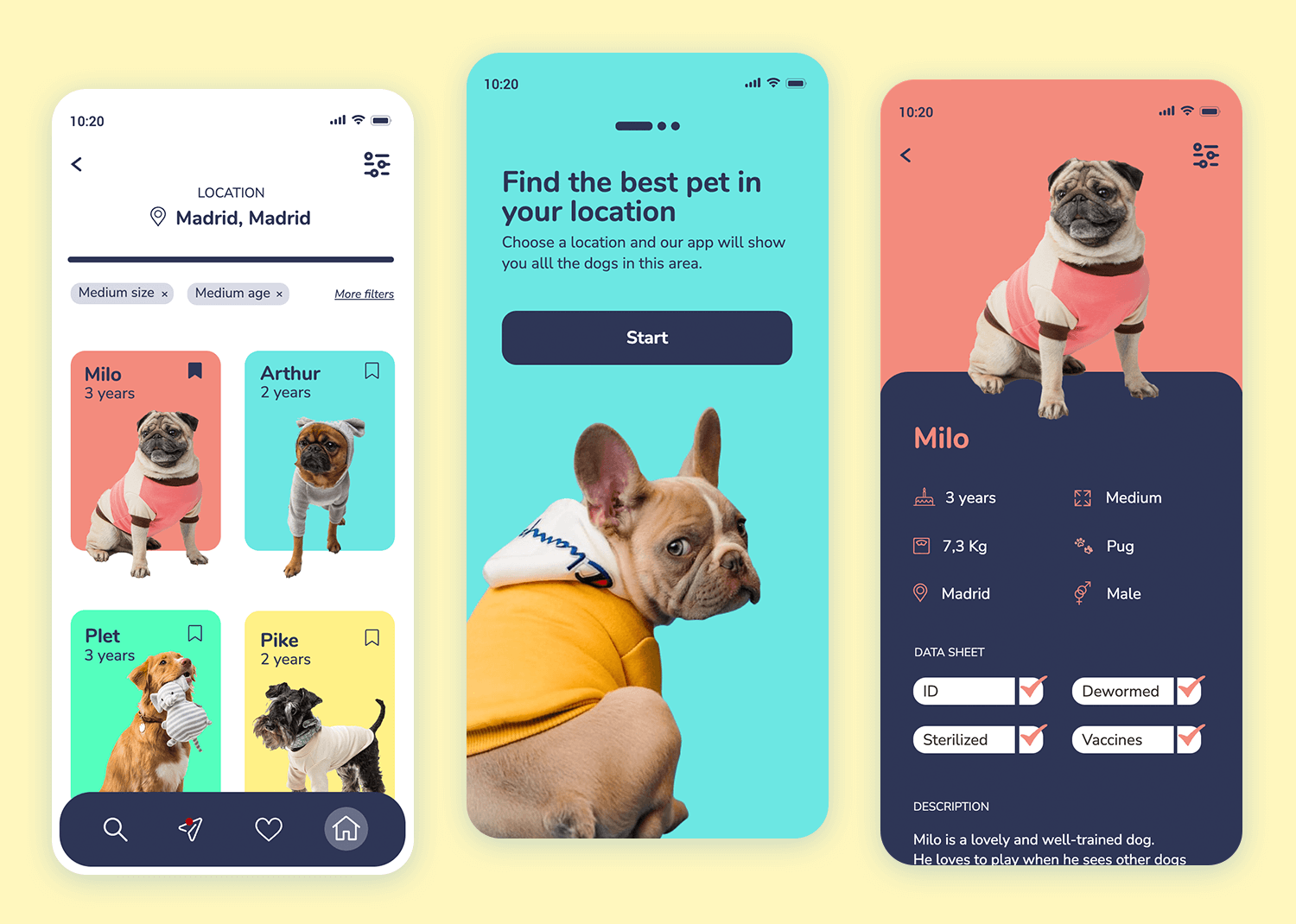 Pet adoption app mockup featuring profiles with photos, age, and location.