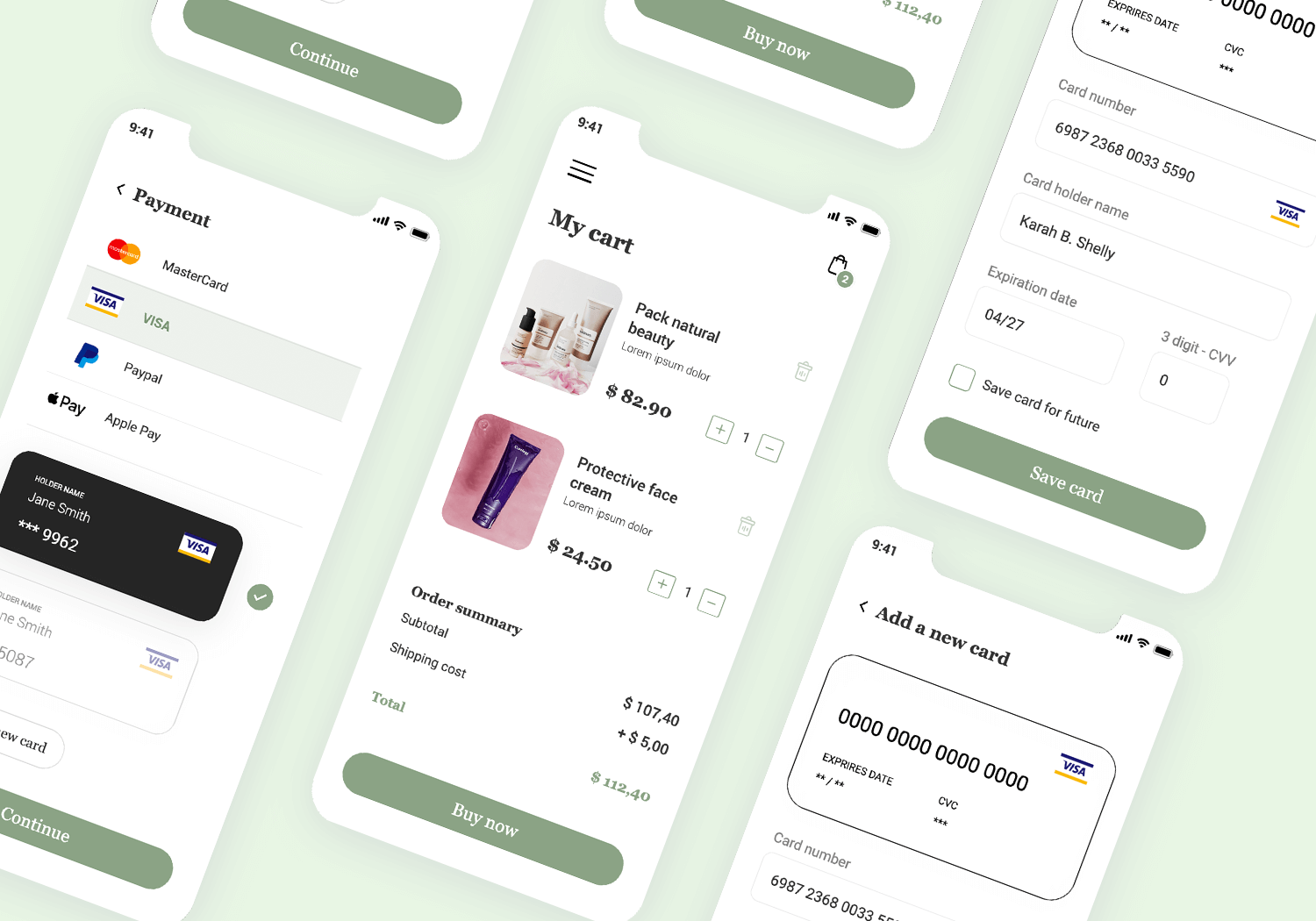 E-commerce app mockup displaying payment options, shopping cart, and card details entry.