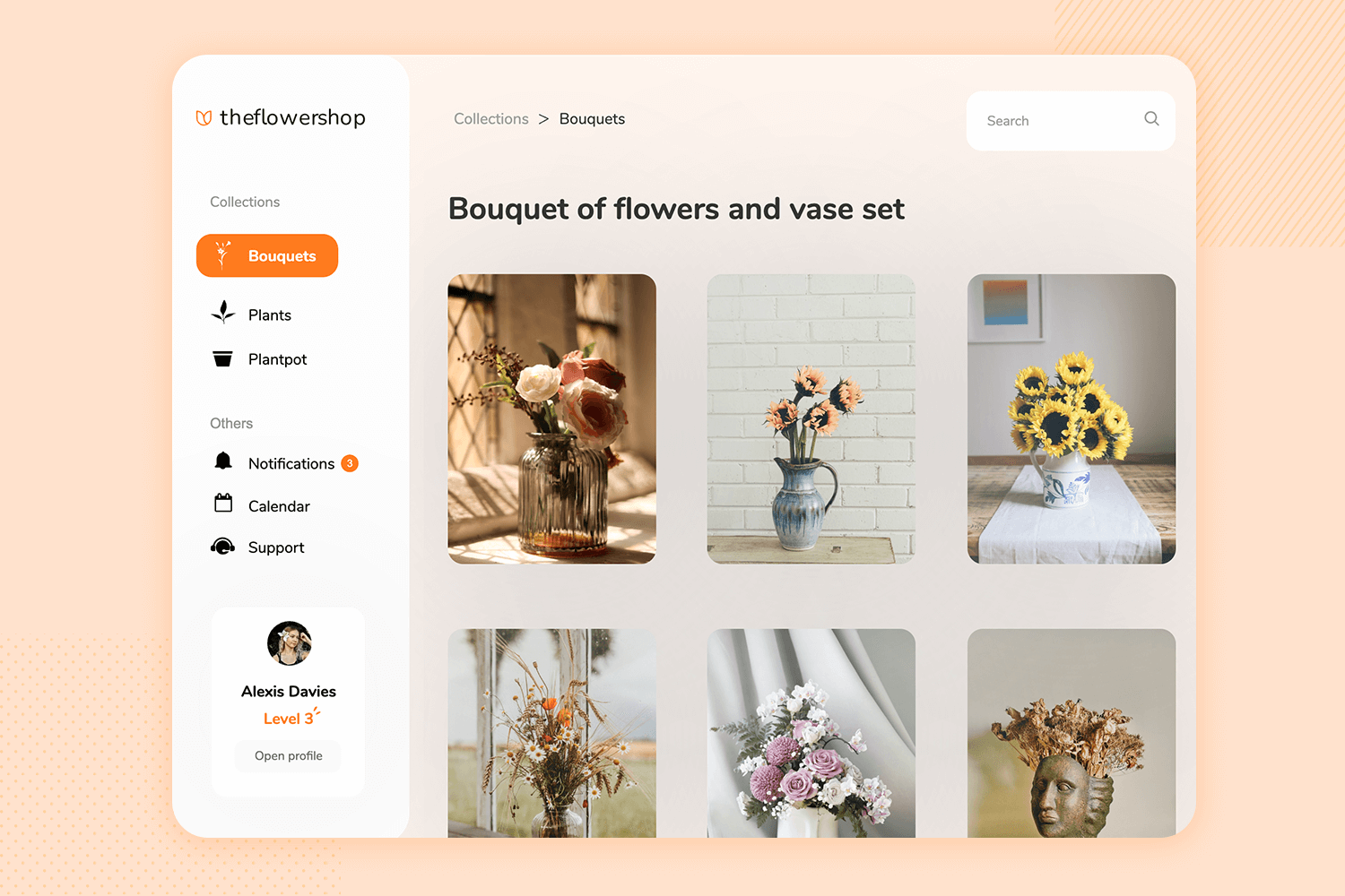 Mockup of an online flower shop app featuring a bouquet collection with images of various flower arrangements and a user profile section