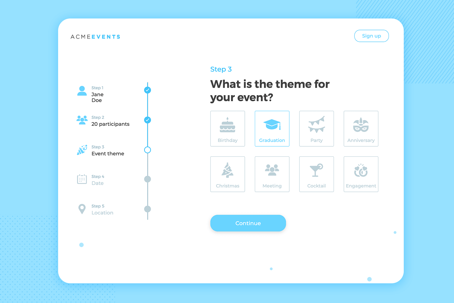 Event registration form mockup with a clean interface. Features step-by-step navigation for entering participant details, selecting event theme, date, and location