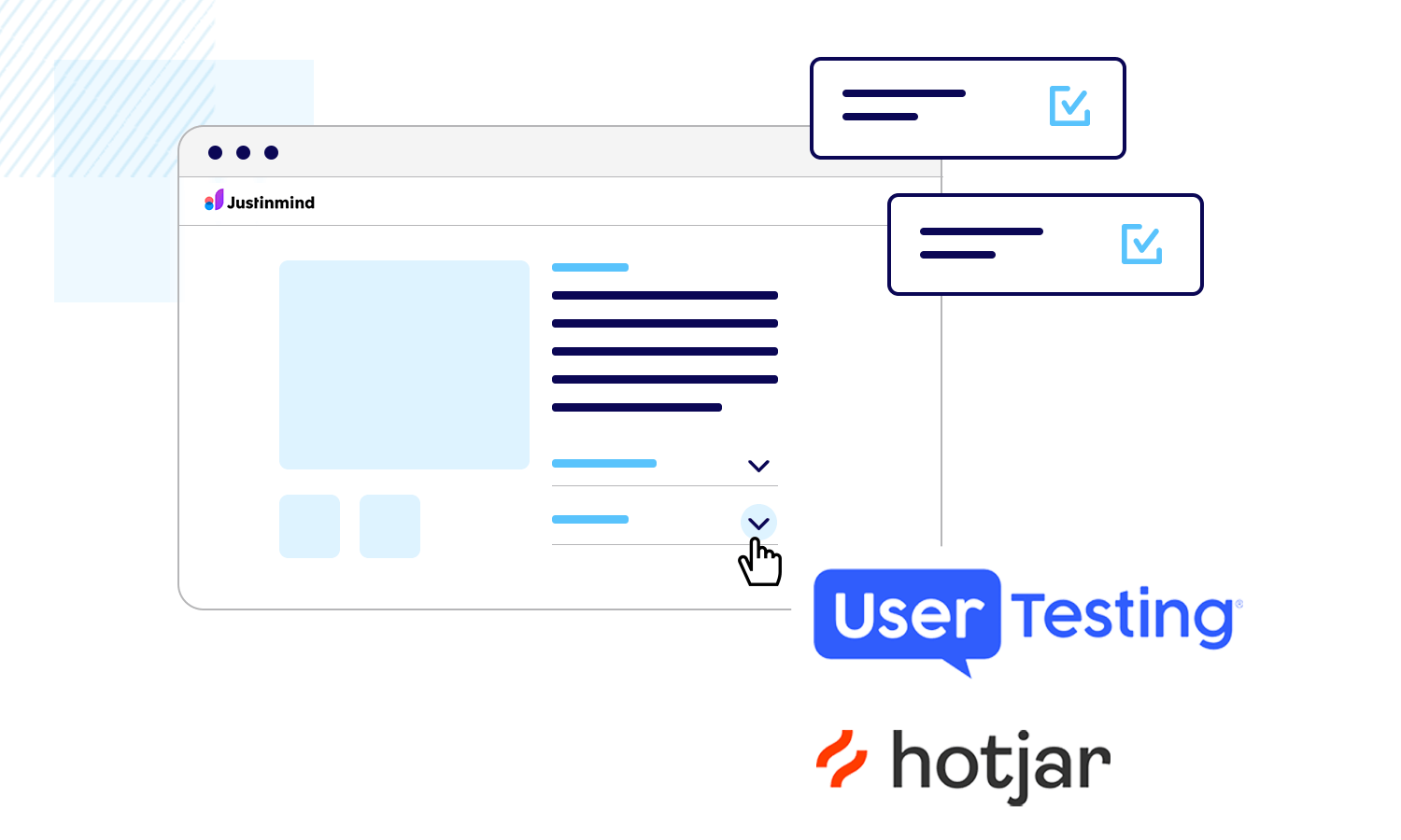 Interface of Justinmind tool showcasing user testing features with UserTesting and Hotjar integration.