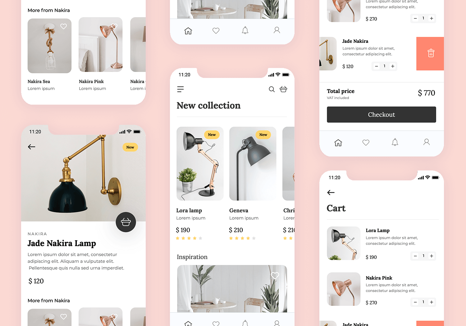 E-commerce app mockup for buying lamps. Includes product listings, detailed views, cart, and checkout