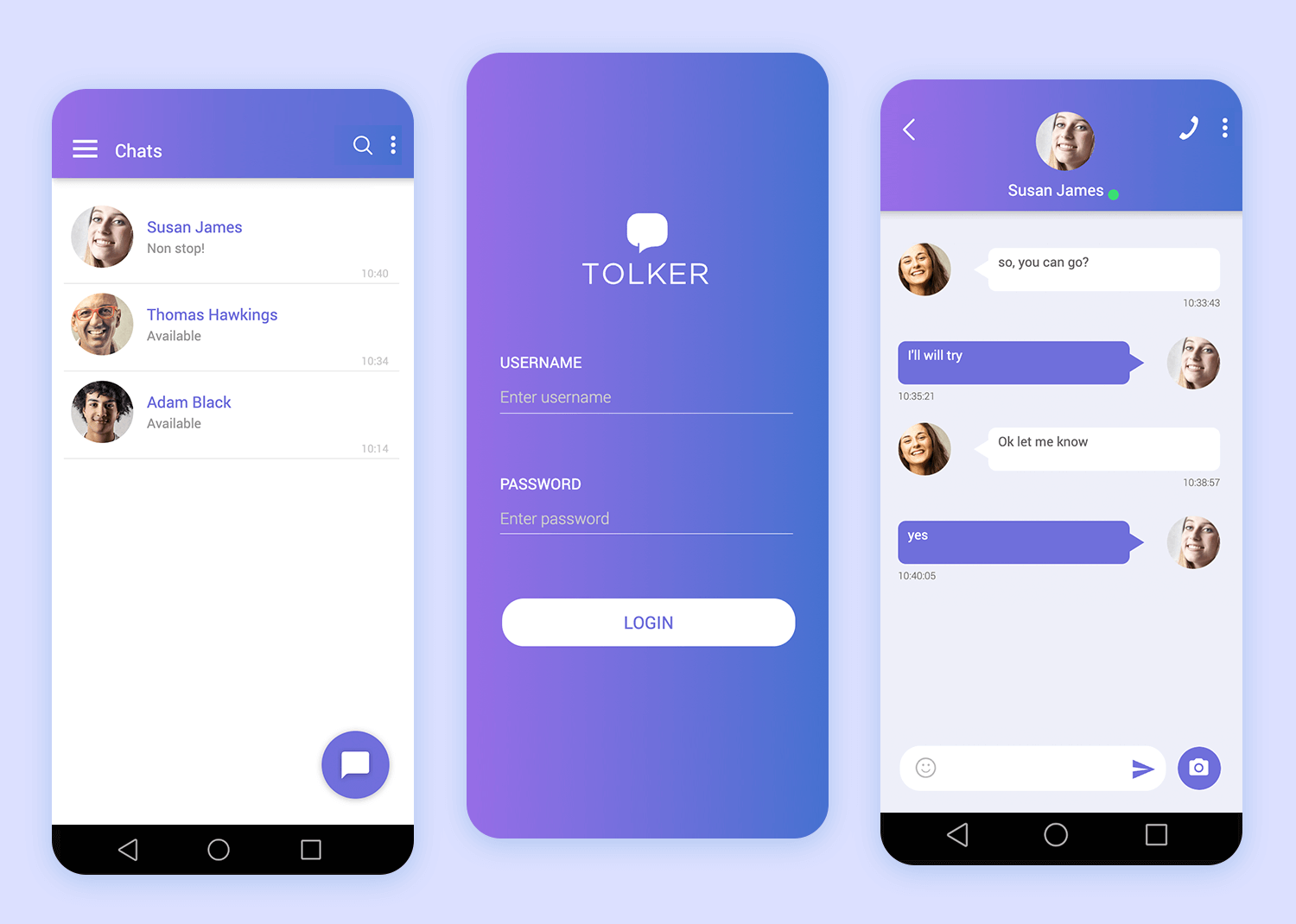Mockup of a messaging app featuring login and chat screens with user avatars and a gradient background.