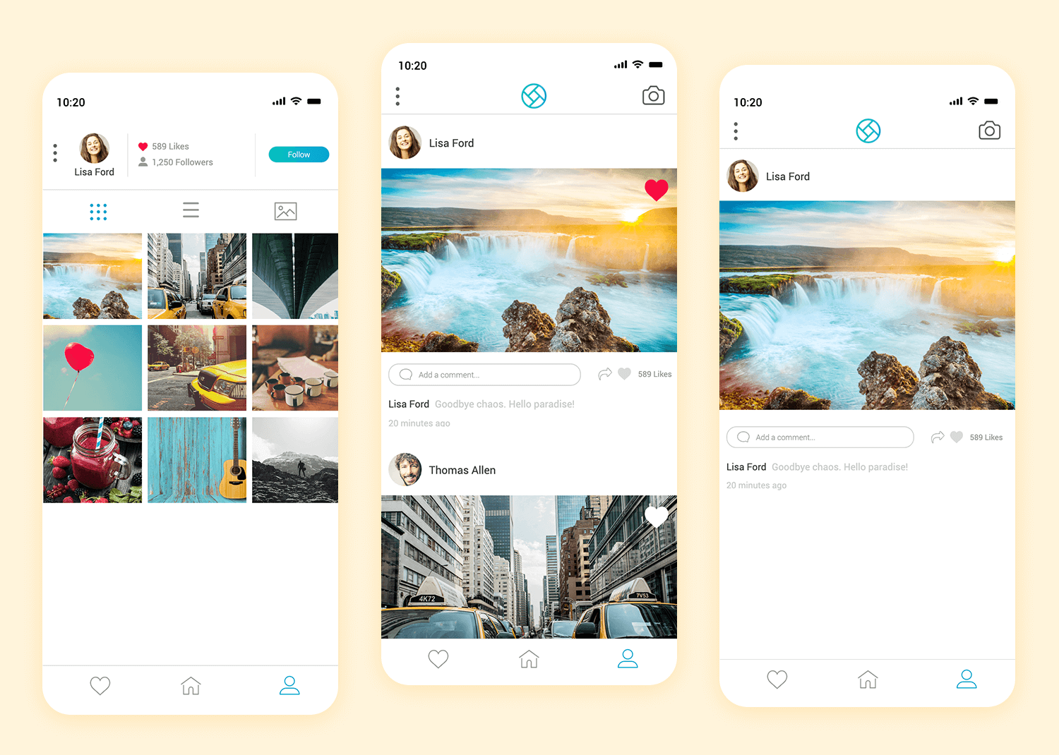 Photo-sharing mobile app mockup showcasing user profiles, photo grids, and individual post interactions with likes and comments.