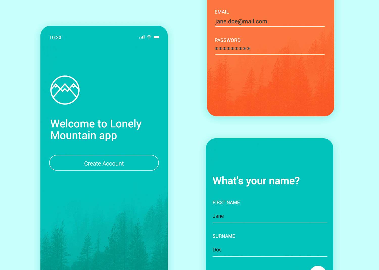 Mobile app onboarding screens with a clean, minimalist design for account creation.
