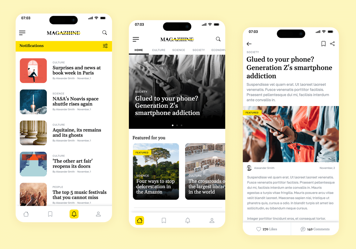 Mobile magazine app mockup showcasing a clean and user-friendly interface with categorized content display.
