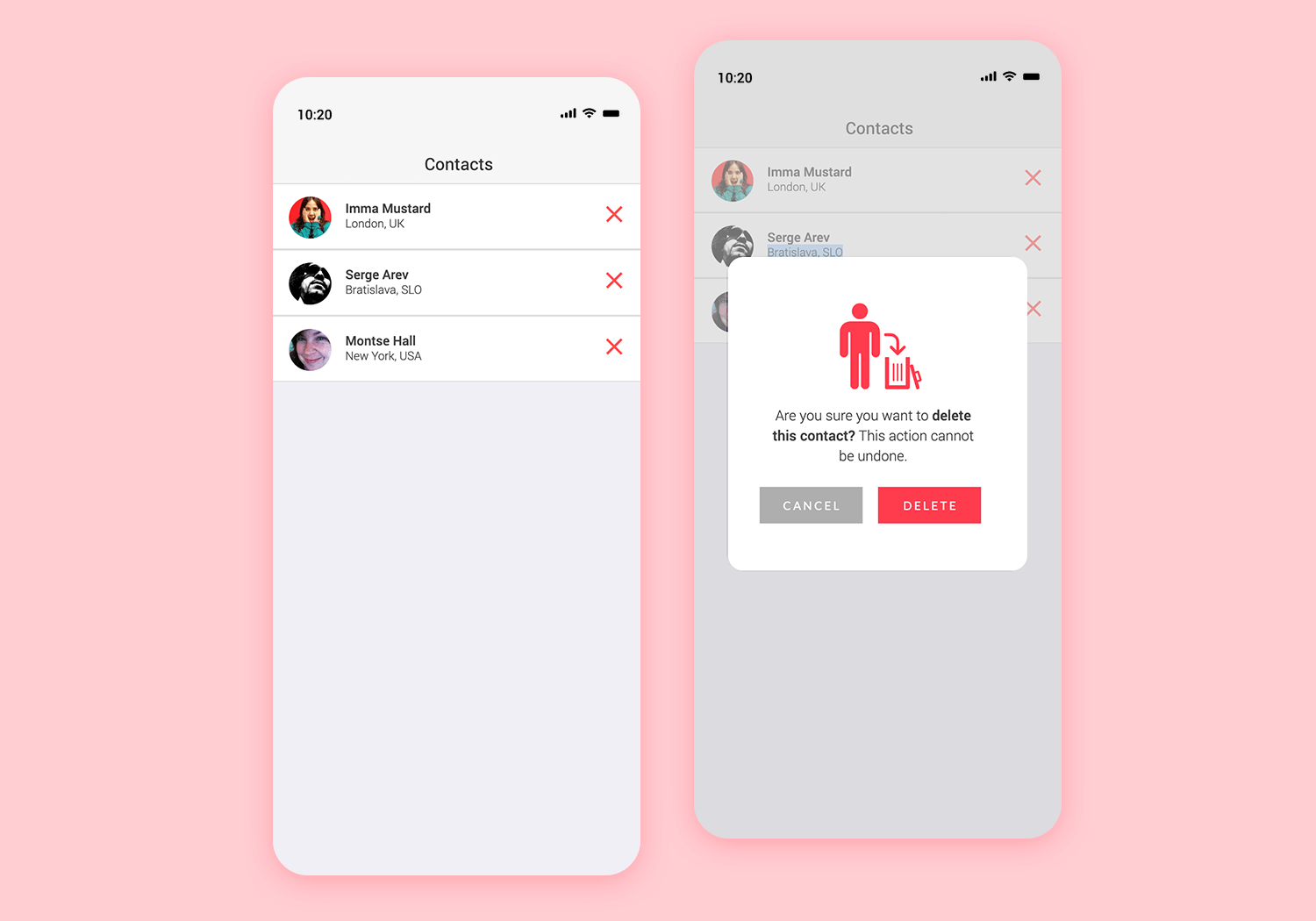 Mockup of a mobile app's confirmation pop-up for deleting contacts, featuring user avatars and a warning message