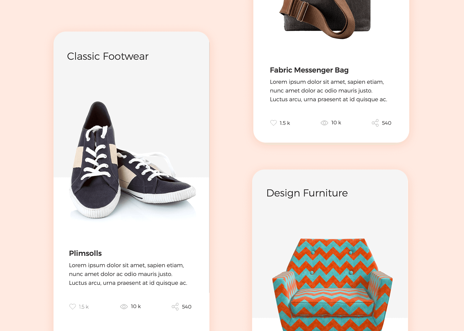 Product showcase mobile app mockup displaying classic footwear, fabric messenger bags, and design furniture with user engagement metrics like likes, views, and shares