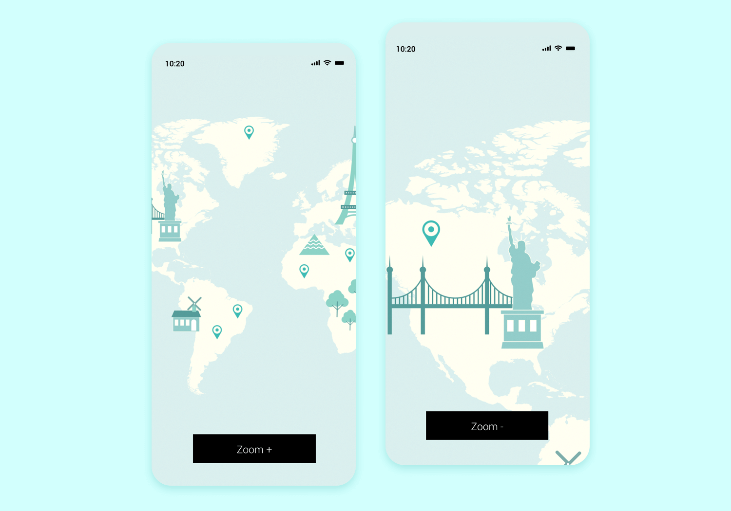 Mockup of a mobile app's zoom and pan feature for a world map with location markers and landmarks.
