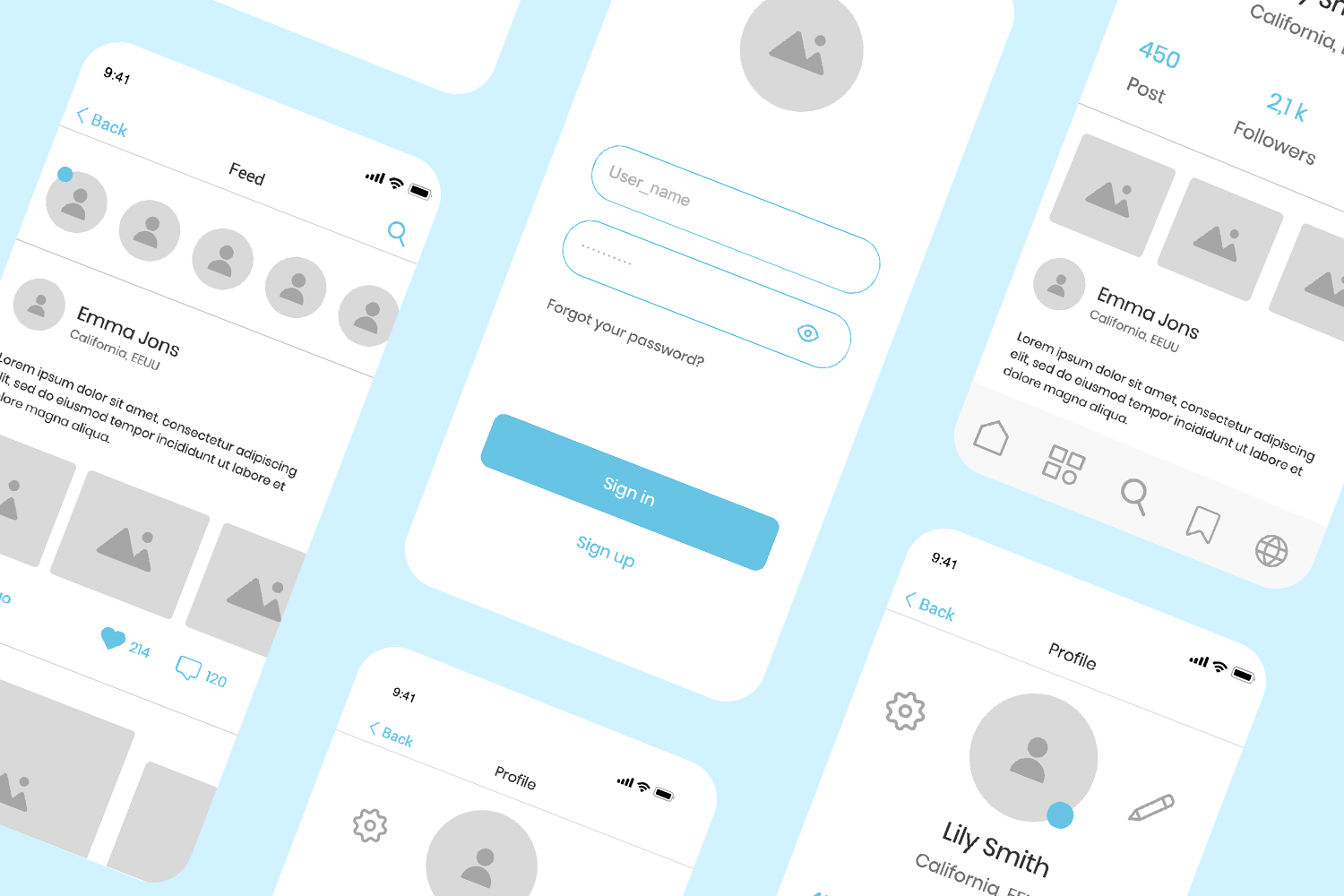 Mockup of a mobile community hub app showing various user interface screens for signing in, viewing profiles, and interacting with posts.