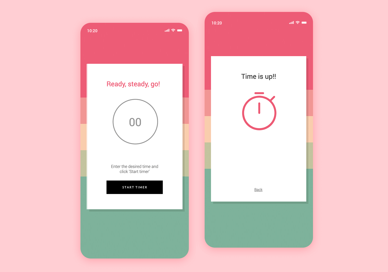 Mockup of a mobile countdown timer app with a start timer button and a time's up notification screen