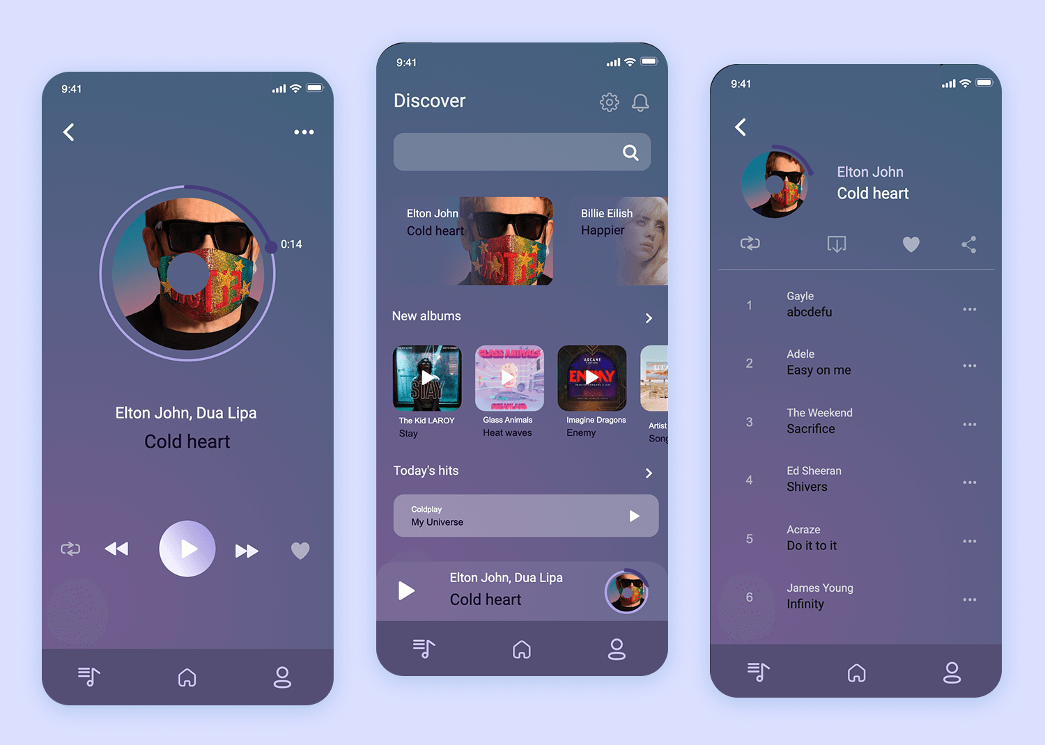 Music player app mockup showing a playing song screen, discover page with new albums, and playlist view. Easy navigation and clean design for a great user experience.
