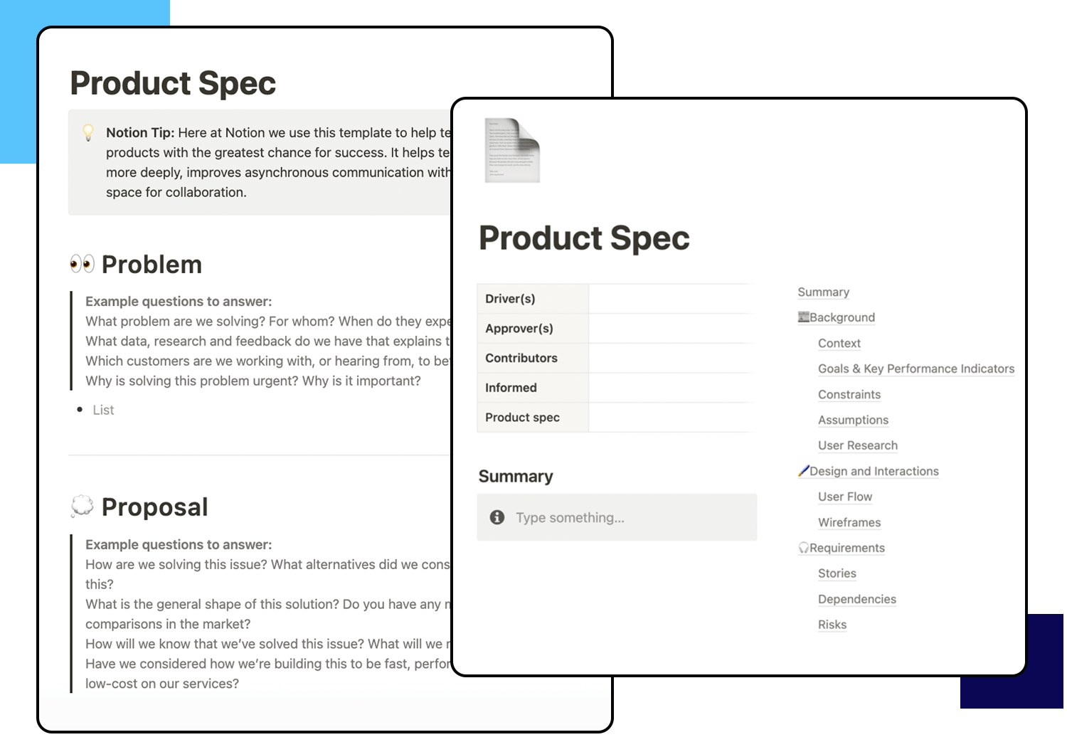 Notion product spec template with sections for problem definition, proposals, and project details