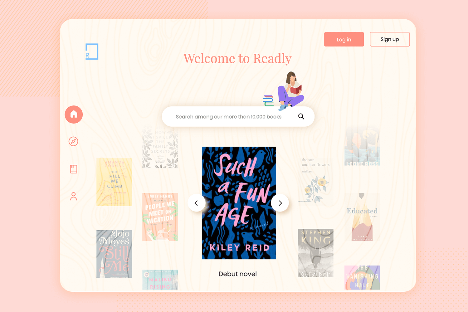 Library app mockup with a welcome screen, book search, and featured novels. Easy navigation for discovering books.