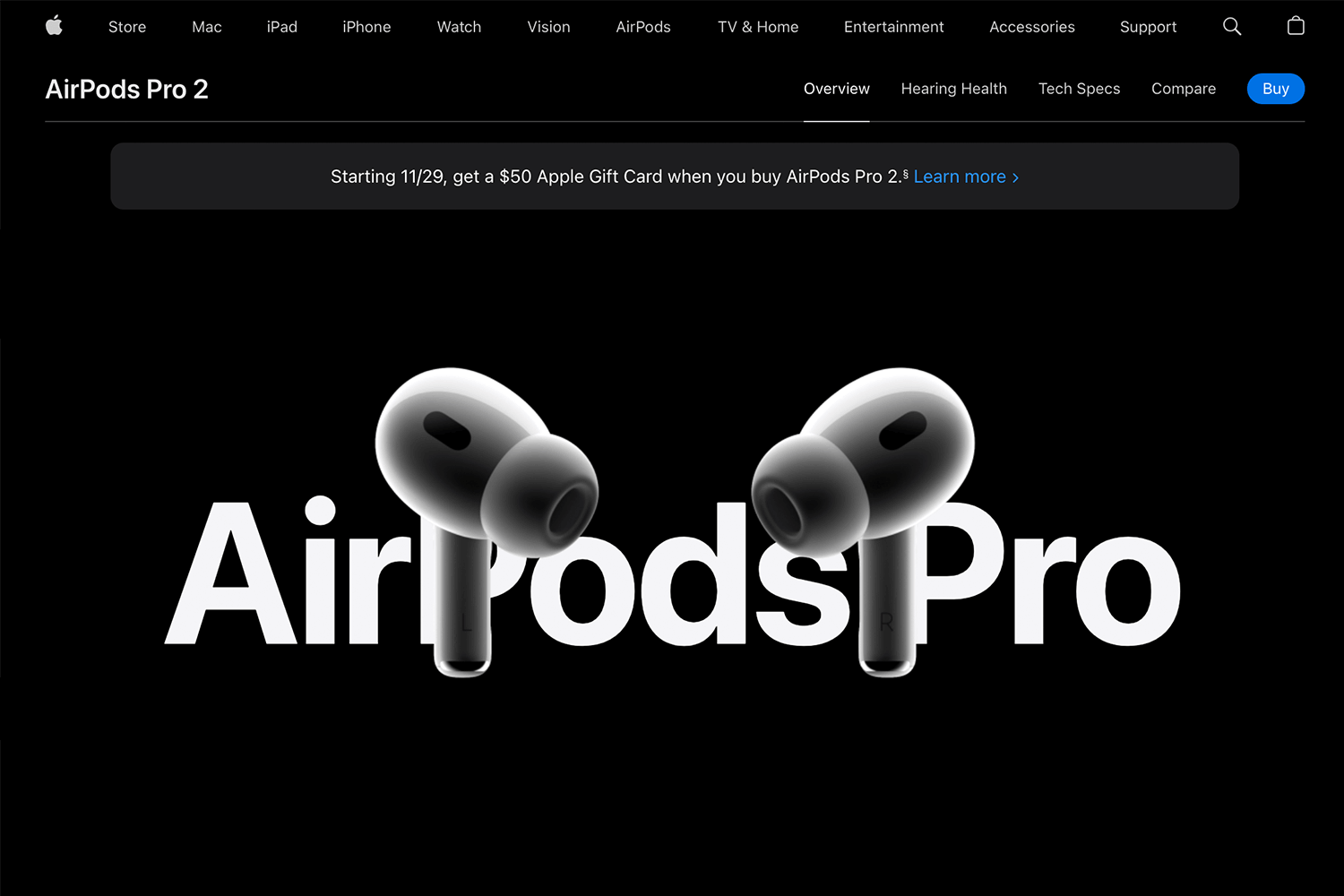 Apple AirPods Pro 2 website showcasing sleek parallax scrolling and product highlights