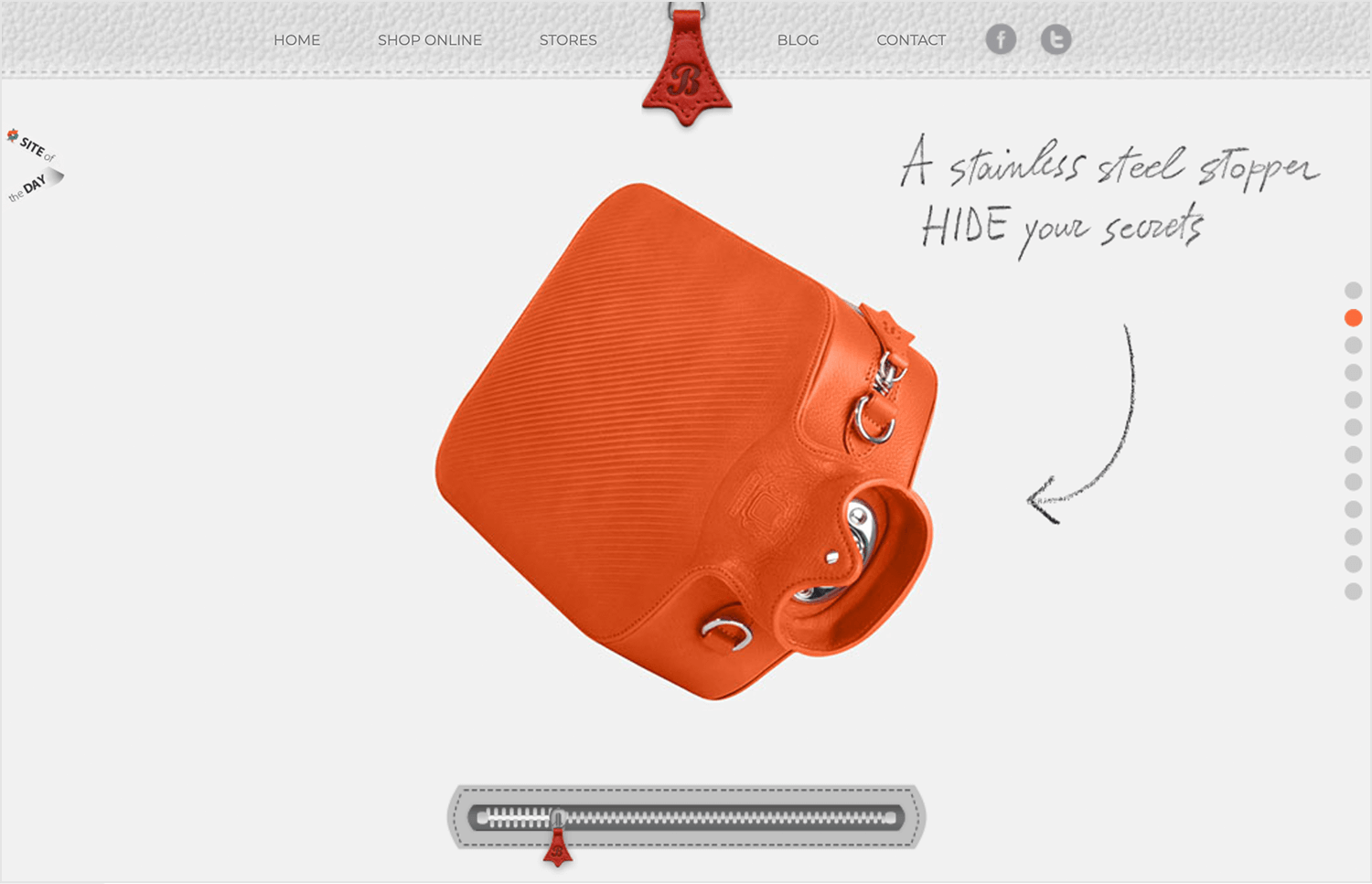 Bagigia website featuring a parallax effect with an orange leather bag and interactive zipper design