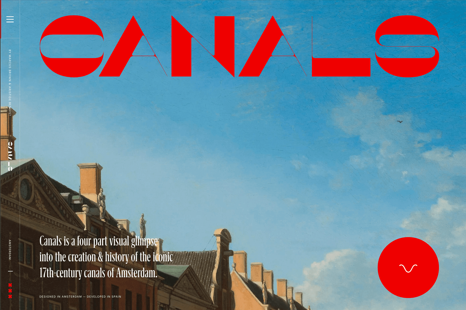 Canals website with parallax scrolling showcasing Amsterdam's 17th-century canal houses and clear blue sky for a visually immersive experience.