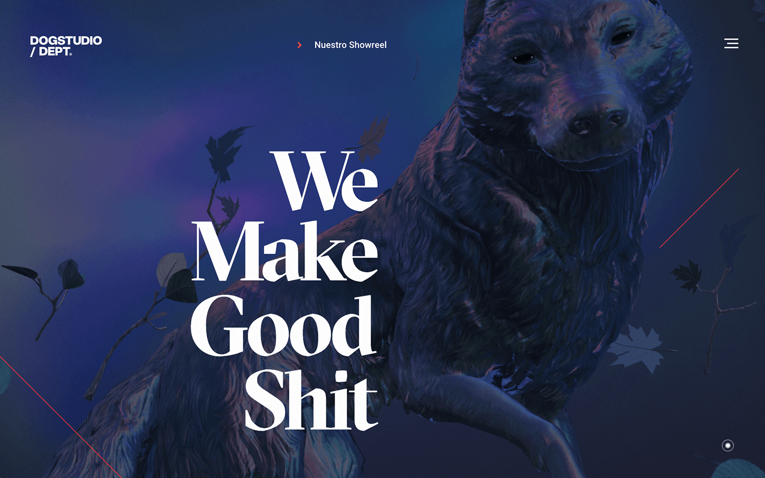 Dogstudio website with bold typography and a 3D parallax wolf centerpiece