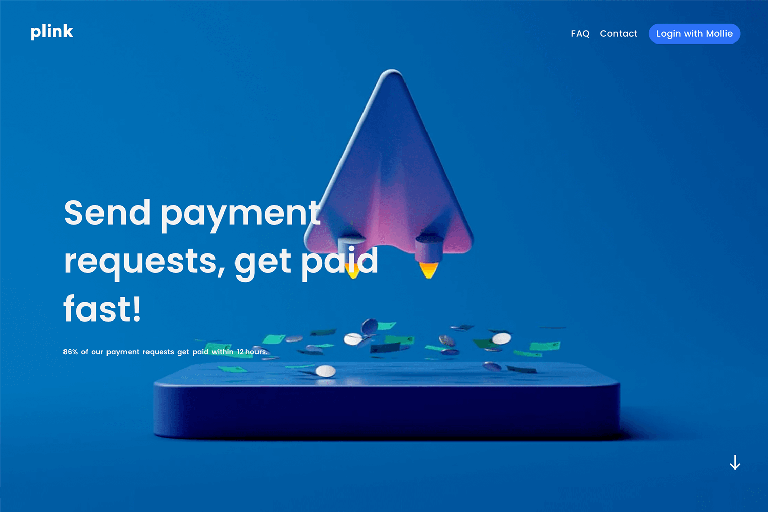 Plink website showcasing a parallax effect with a 3D paper plane illustration and text promoting fast payment requests