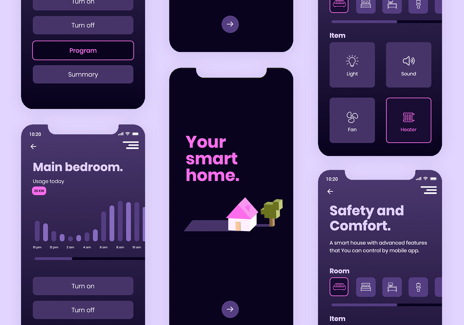 Smart home app mockup with a dark theme. Controls for lights, sound, fan, and heater. Includes usage stats and safety features.