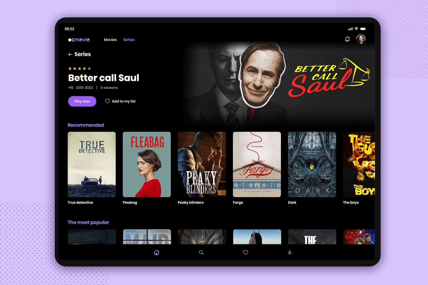 Tablet app mockup for a streaming service with a dark-themed interface.