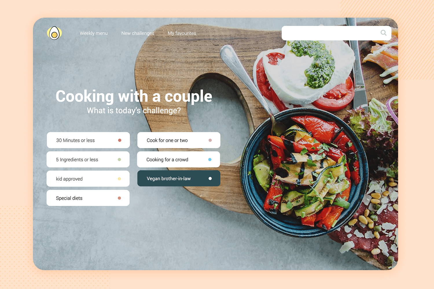 Cooking challenge app mockup. Shows meal categories like quick recipes, cooking for two, and special diets. Helps users pick daily cooking challenges