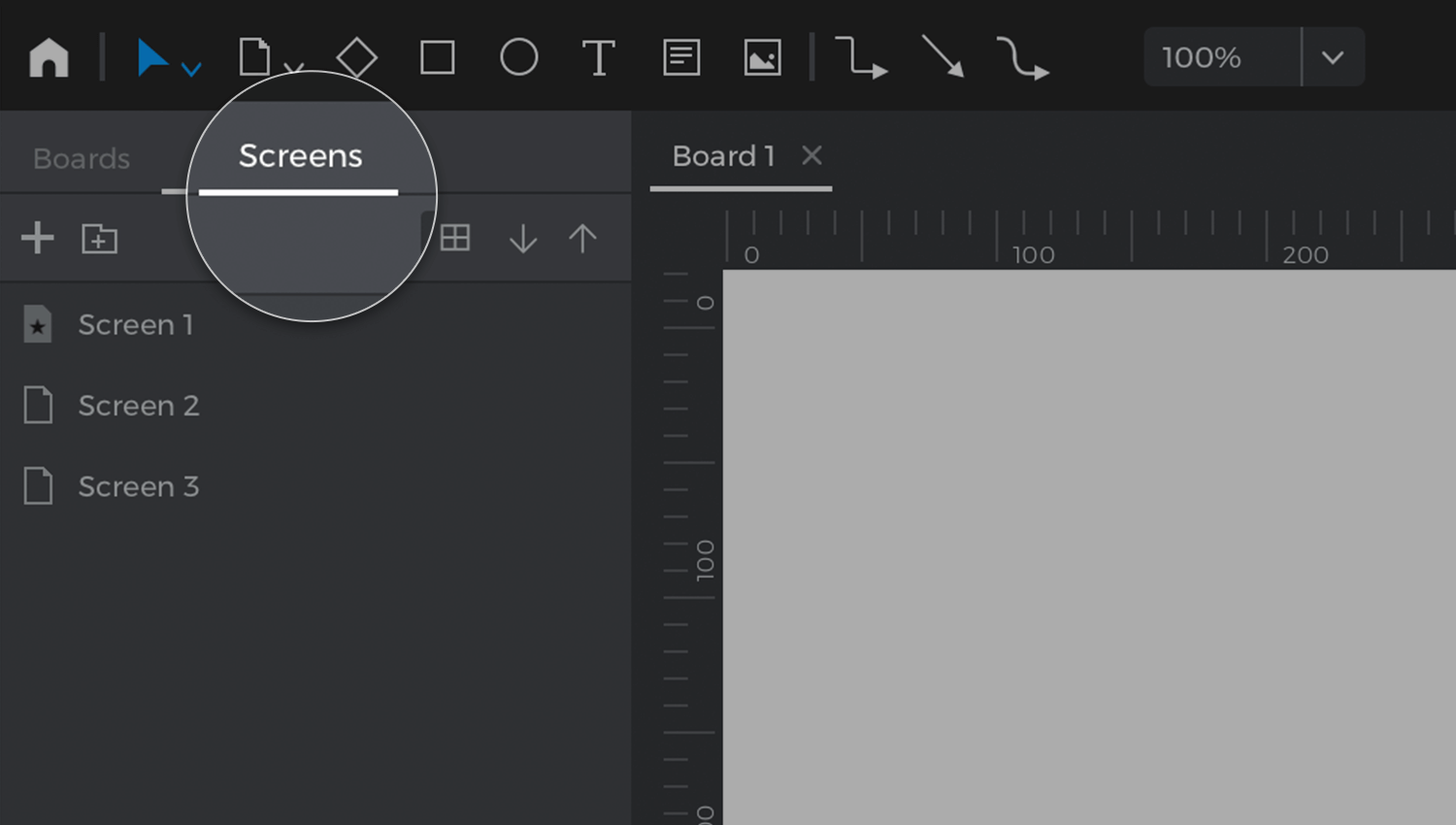 Screens panel for creating user flows with wireframes in Justinmind