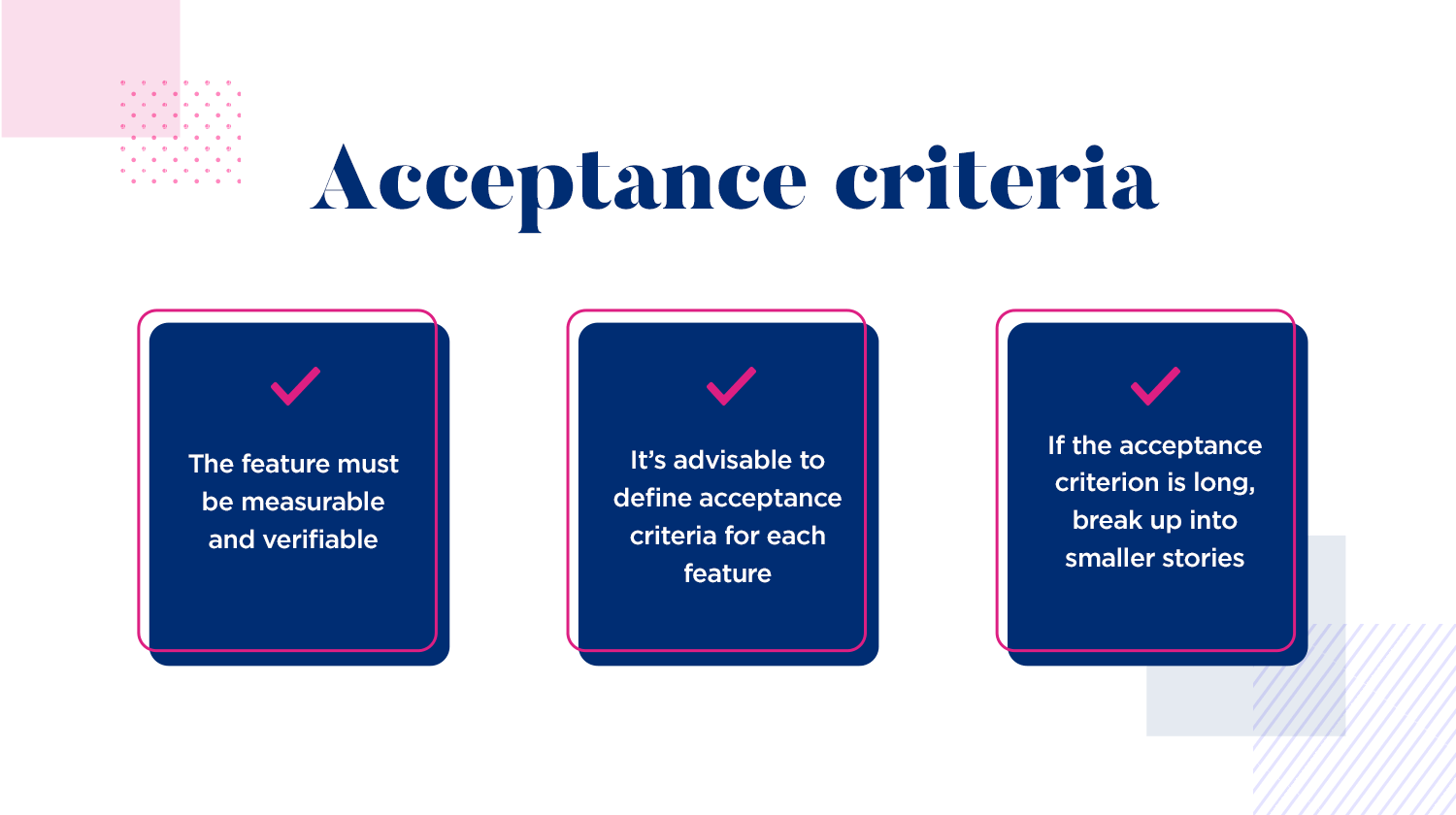 Acceptance criteria tips: measurable, define for each feature, break long criteria.