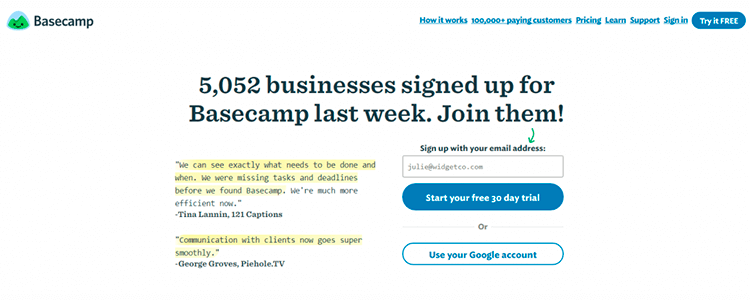 basecamp as example of simple landing page design