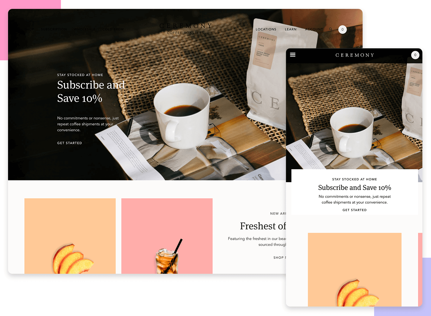 Ceremony Coffee responsive website example on desktop and mobile