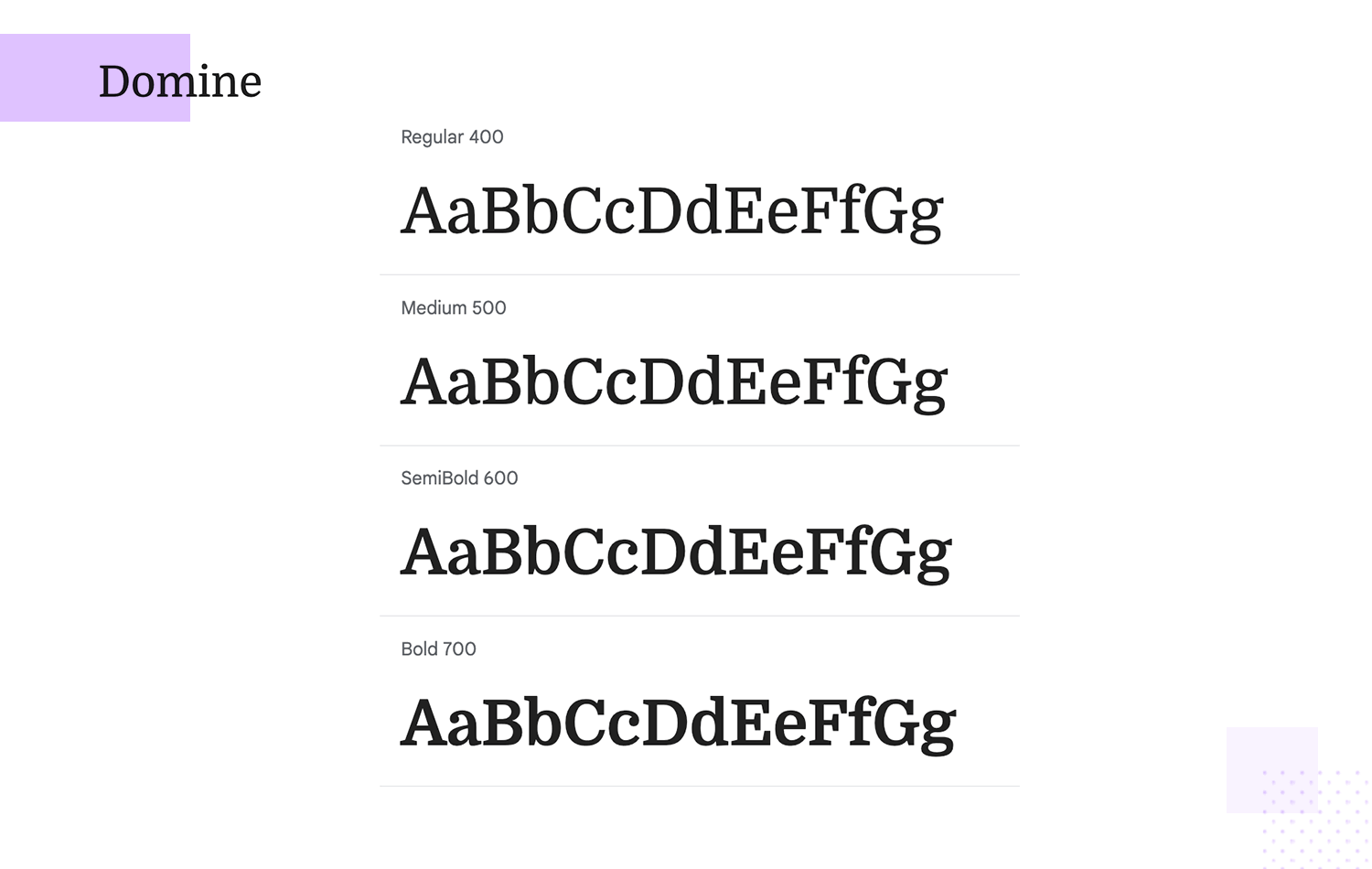 Domine font showcase with weights from Regular 400 to Bold 700.