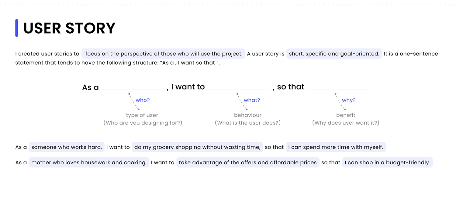 User story template with fields for role, goal, and reason.