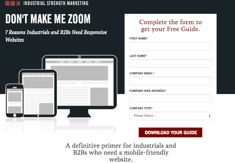 landing page example from industrial marketing