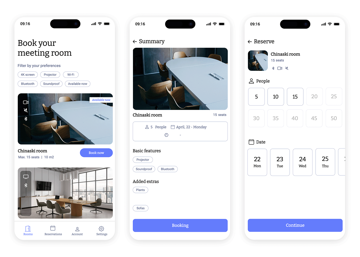 iOS app design for booking meeting rooms with features.