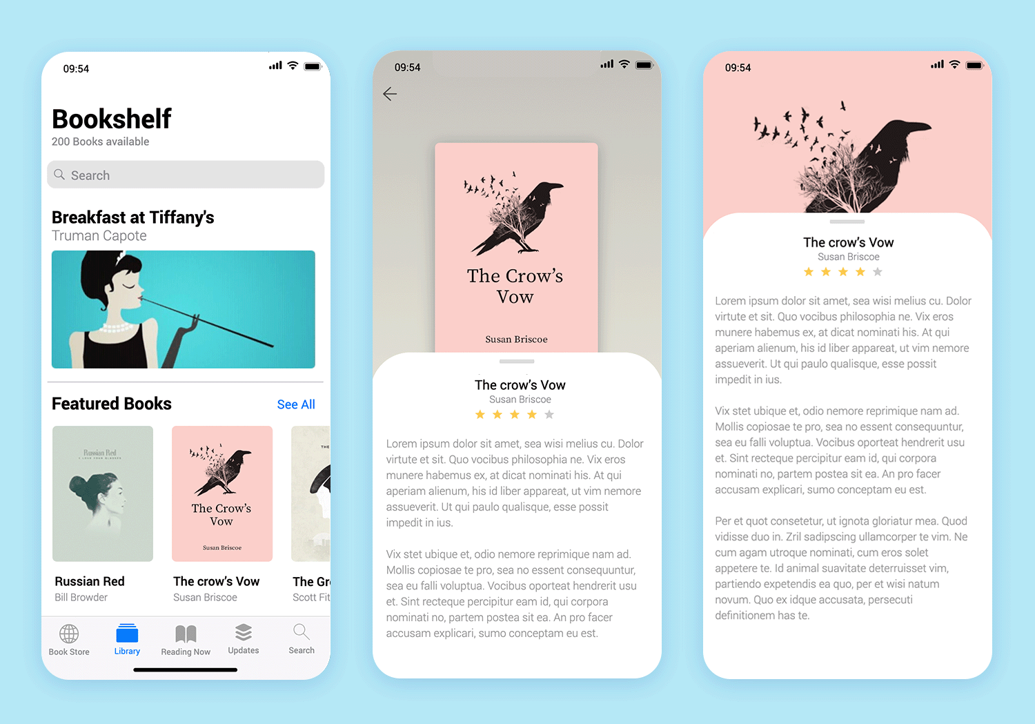 Mobile app interface for a bookshelf app, displaying featured books and detailed book information.