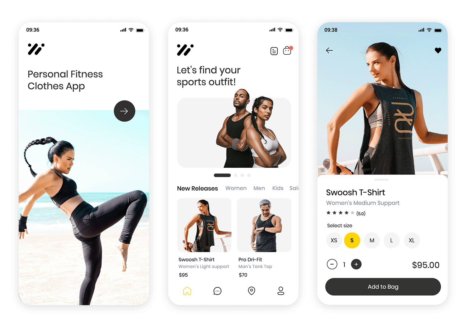 Fitness clothing iOS app design featuring new releases and product details