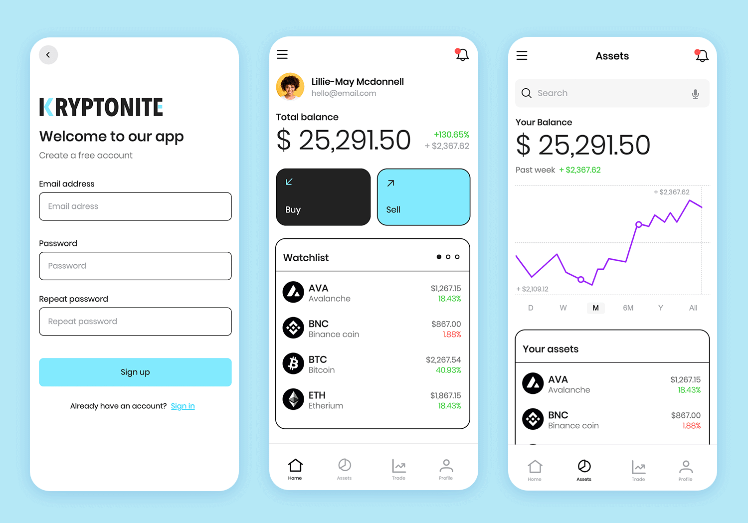 iOS app interface for cryptocurrency management with user accounts and balance details