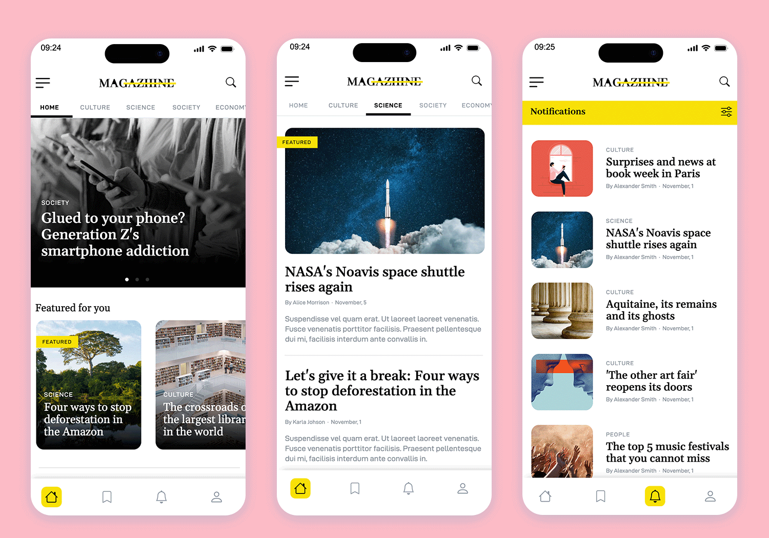 Magazine app layout with article previews and notification center.