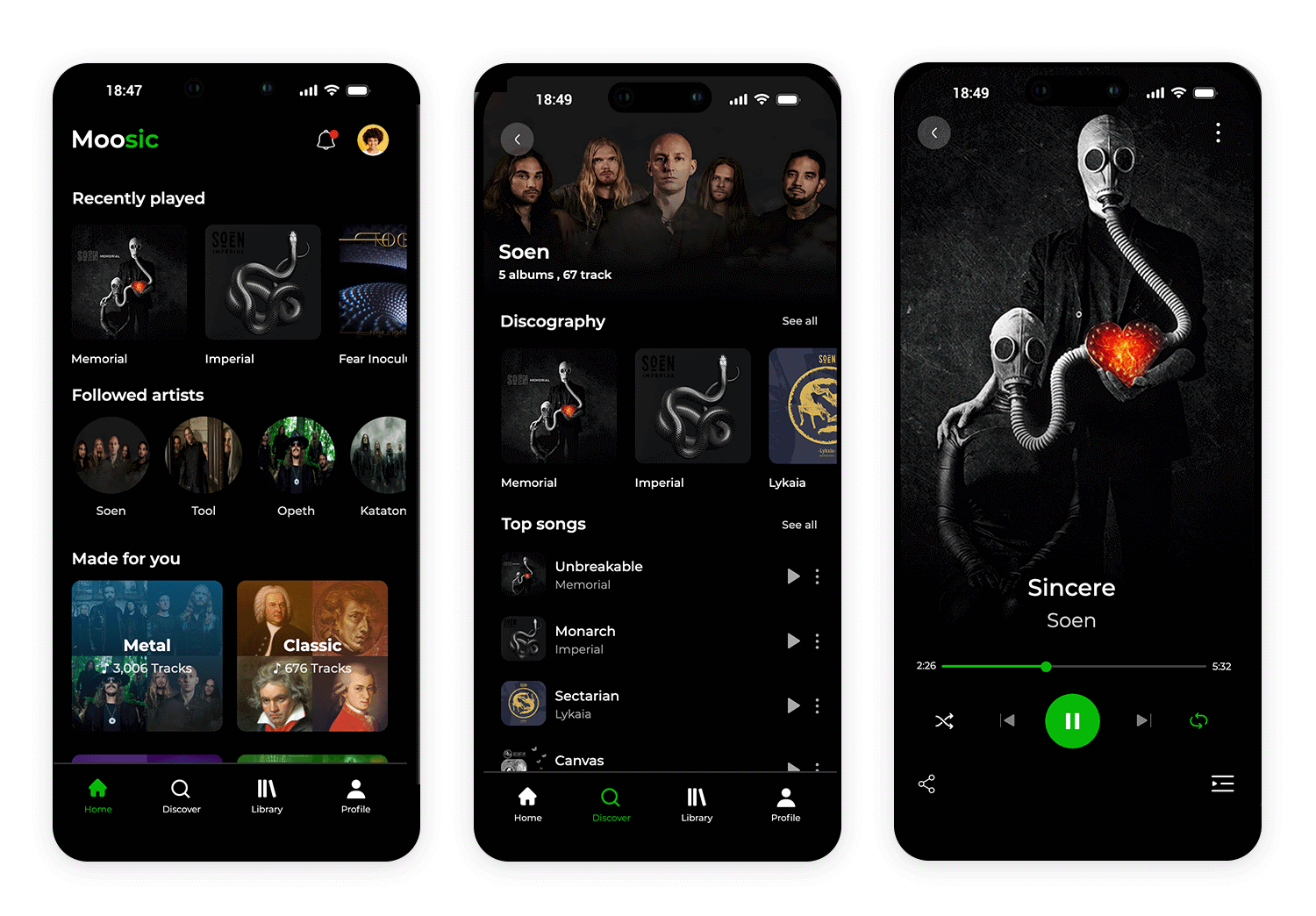 iOS music player app design showing different screens