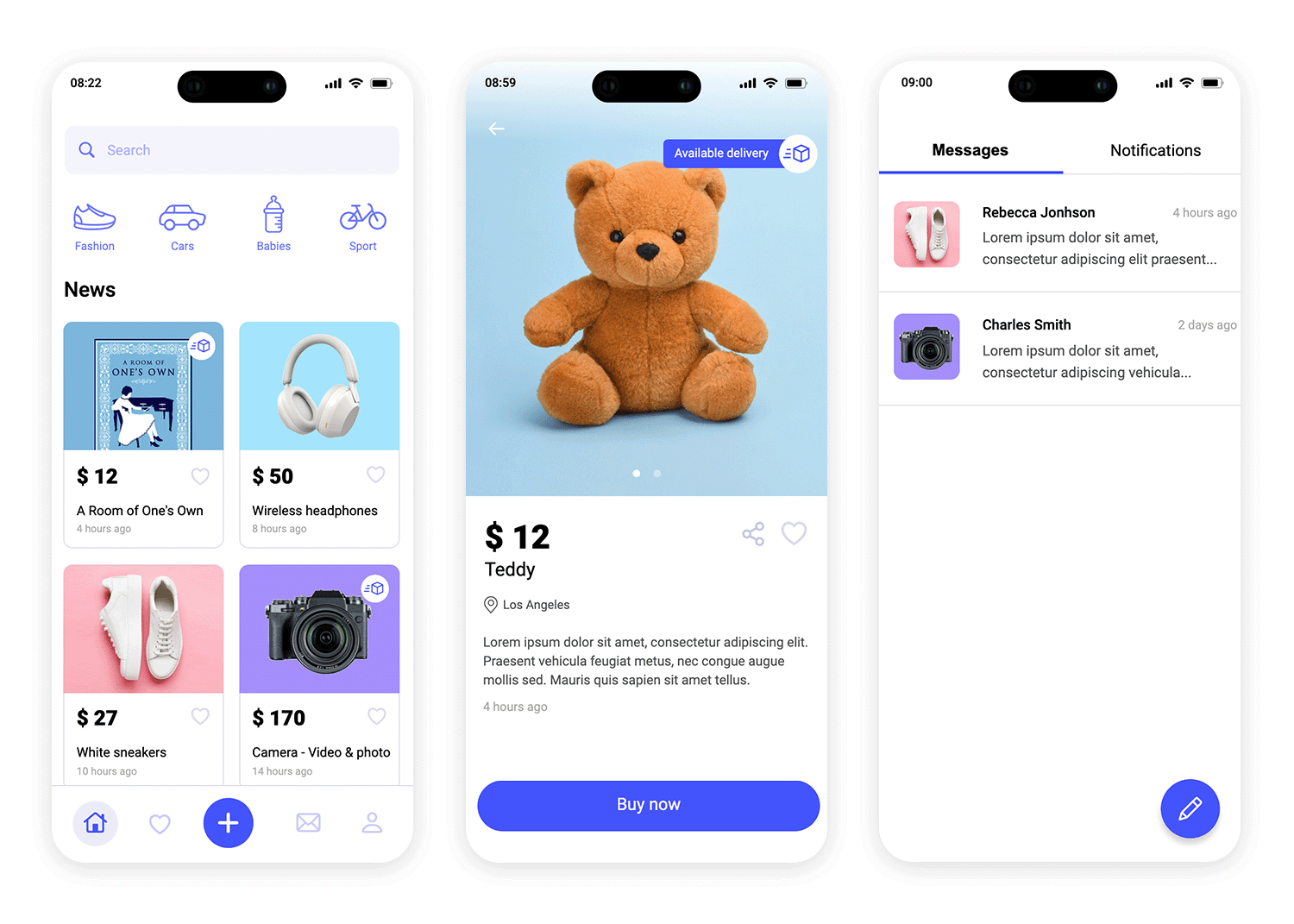 Marketplace app displaying second-hand items with pricing and descriptions.