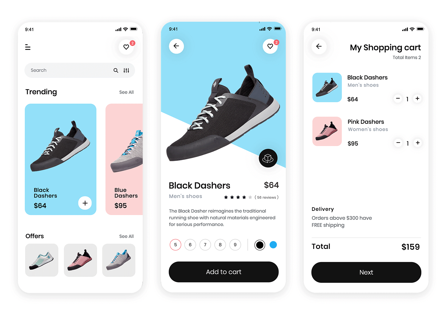 Shoe ecommerce iOS app design displaying trending items and shopping cart