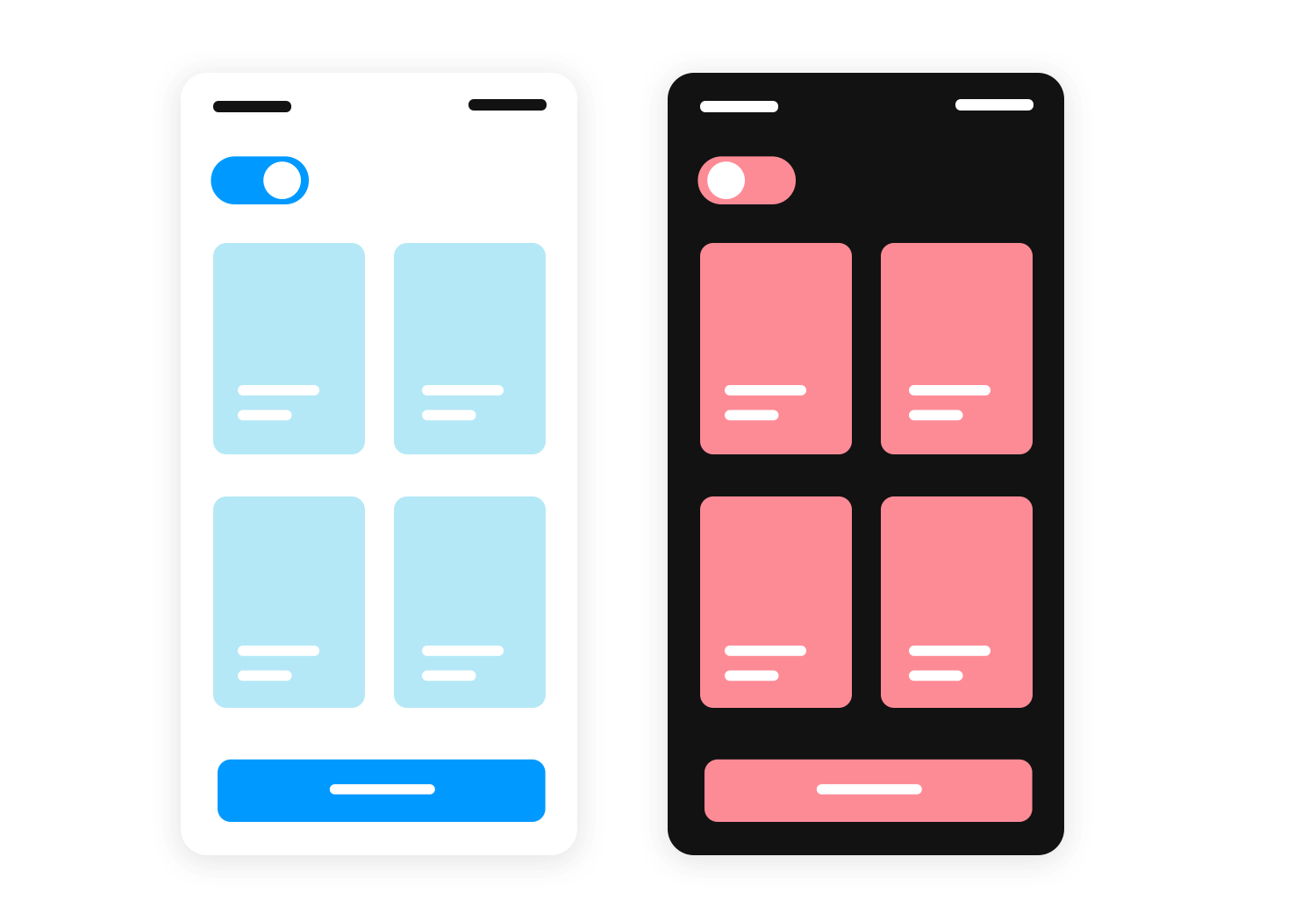 Comparison of light and dark mode designs for a mobile app interface