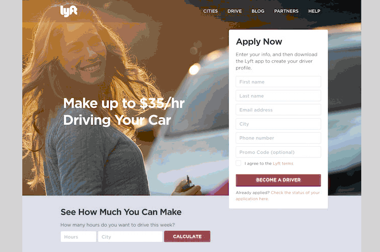 Lyft as a landing page example that goes to user goal