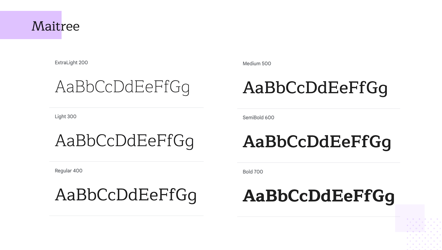 Maitree font showcase with weights from ExtraLight to Bold.